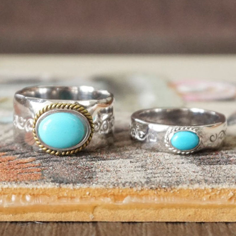 Vine Pattern Turquoise Couple Ring